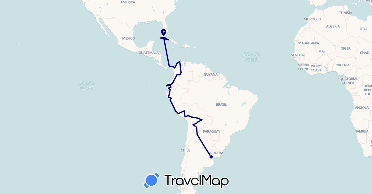TravelMap itinerary: driving in Argentina, Bolivia, Colombia, Cuba, Ecuador, Panama, Peru (North America, South America)
